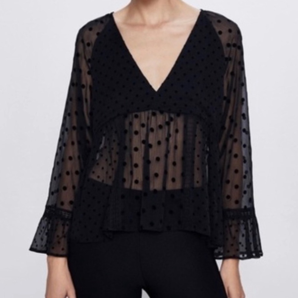 ZARA Black Sheer Velvet Polka Dot V Neck Plunge Bell Sleeve Blouse Swiss Dot Top